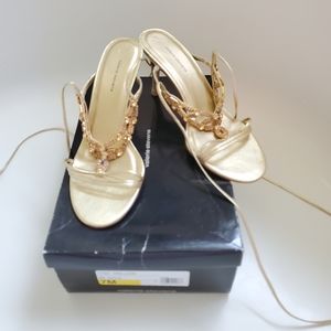 Gold Leather & Rhinestone lace up heel sandles